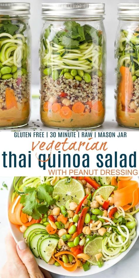 Jar Soups, Thai Quinoa Salad, Spicy Peanut Dressing, Manson Jar, Mason Jar Meal Prep, Asian Salads, Thai Quinoa, Mason Jar Lunch, Veggie Mains