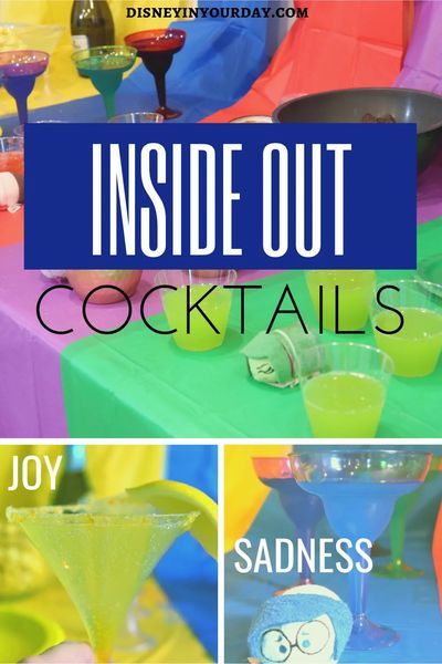 Inside Out cocktails - Disney in your Day. Recipes for 5 fun cocktails inspired by the different emotions in Pixar's Inside Out! Disney Themed Drinks, Midori Cocktails, Disney Cocktails, Themed Cocktails, Disney Inspired Food, Blue Margarita, Disney Drinks, Disney Dinner, Disney Movie Night