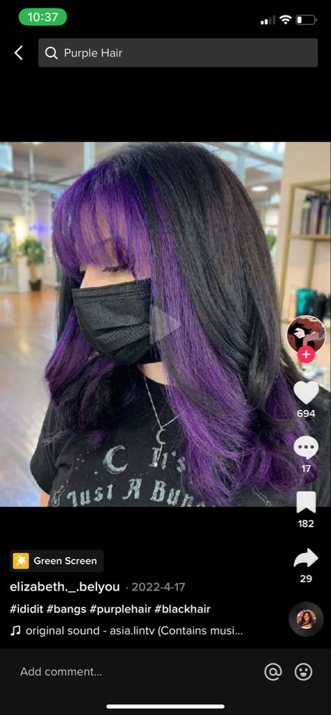 Short Black Hair With Color Underneath, Purple And Black Peekaboo Hair, Purple Money Piece Hair With Bangs, Purple Panels In Hair, Black On Top Purple Underneath Hair, Black N Purple Hair, Dark Colour Hair Ideas, Dark Purple Halo Hair, Black Hair With Purple Halo