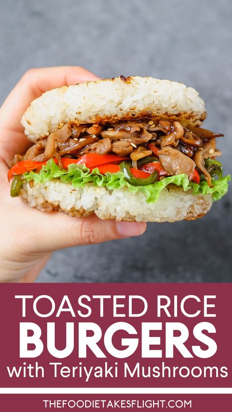 Oyster Mushroom Burger, Teriyaki Oyster Mushrooms, Mushroom Teriyaki, Teriyaki Mushrooms, Shiitake Mushroom Burger, Japanese Fast Food, Rice Burger, Vegan Sandwiches, Mushroom Rice