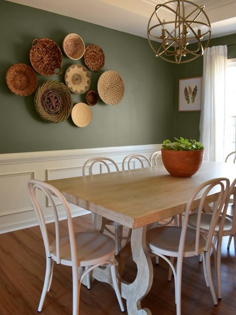 Cool Paint Shade Ideas We Love: Blue, Green, Purple and More | HGTV Green Rustic Dining Room, Half Green Wall Dining Room, Boho Green Dining Room, Avocado Green Dining Room, Green And Yellow Dining Room, Pale Green Dining Room, Light Green Dining Room Walls, Sage Green Dining Room Decor, Nature Inspired Dining Room