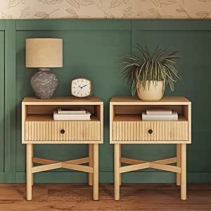 Fluted Modern Nightstand Set of 2 - Living Room and Bedroom Furniture - Small Wooden Fluted Side Table with Open Shelf Storage and Drawer - Solid Sliding Drawer and Solid Wood Legs (Natural Oak) End Of Bed Drawers, Bohemian Bedroom Nightstand, Two Nightstands Bedroom, Cute Bedroom Nightstands, Wooden Night Table, Side Table Inspo Bedroom, Bedroom Nightstand Aesthetic, Mix And Match Furniture Bedroom, Narrow Nightstand Ideas