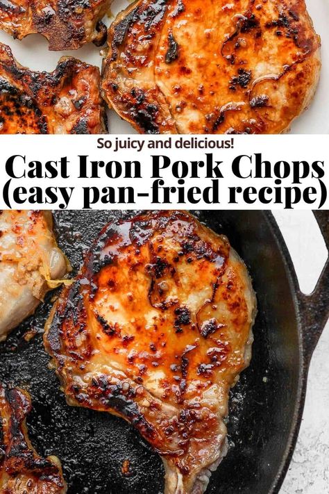 Cast Iron Pork Chops (Pan-Fried) - a simple, easy recipe for cast iron pork chops with a delicious seasoning + marinade options! #castironporkchops #panfriedporkchops #castironporkchopsbonein #panfriedporkchopsbonein #panfriedporkchopseasy Pan Cooked Pork Chops, Cast Iron Pork Chops, Cast Iron Skillet Recipes Dinner, Wooden Skillet, Pan Seared Pork Chops, Pork Chop Recipes Grilled, Pork Dinners, Skillet Pork Chops, Pan Fried Pork Chops