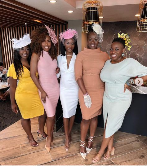 Tea Party Outfits For Black Women Classy, Tea Bridal Shower Outfit, Derby Outfits For Women Black, Plus Size Tea Party Outfit Ideas, Black Women Tea Party Outfit, Kentucky Derby Outfit For Women Black, Tea Party Ideas For Adults Outfit, Adult Tea Party Outfit, Kentucky Derby Party Ideas Outfit