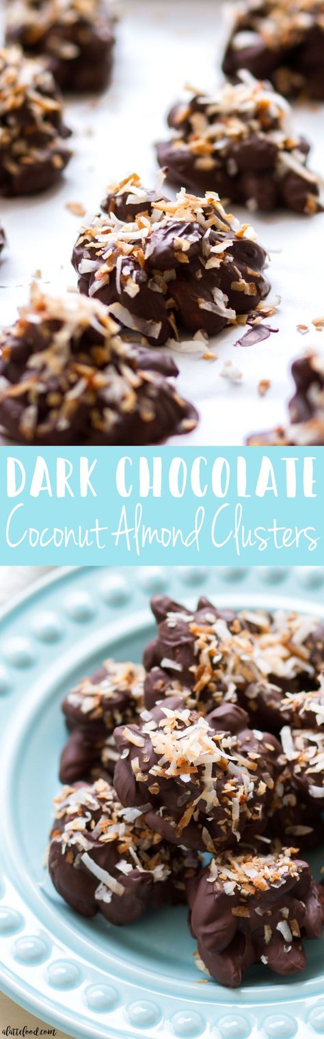 These homemade chocolate almond clusters are made with melted dark chocolate and toasted coconut to make an irresistible quick and easy snack or sweet treat! These Dark Chocolate Coconut Almond Clusters are super simple to make (as you can see in a step-by-step video below), and a total crowd pleaser! coconut, almond clusters, chocolate covered almonds Chocolate Almond Clusters, Almond Clusters, Dark Chocolate Coconut, Chocolate Covered Almonds, Dark Chocolate Almonds, Creative Baking, Candy Recipes Homemade, Coconut Almond, Chocolate Almond