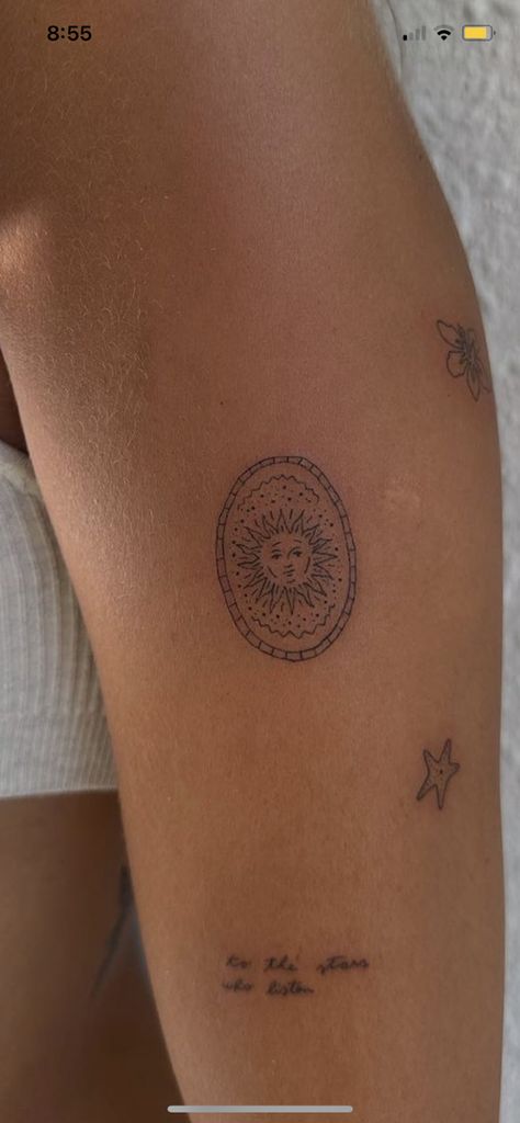 Tattoos In The 90s, Spain Travel Tattoo, Art Tattoo Ideas Artists, Letter Placement Tattoo, Tiny Leg Tattoos Women, Tiny Tattoos Sleeve, Small Heart Tattoo On Chest, Delicate Tattoo Sleeve, Argentina Sun Tattoo