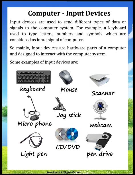 computer input devices and its uses - to know more-for primary grade Computer Lessons, Computer Education Teaching, Computer Science Lessons, Computer Lab Lessons, Computer Keyboard Shortcuts, Computer Devices, Computer Notes, Basic Computer Programming, Computer Maintenance