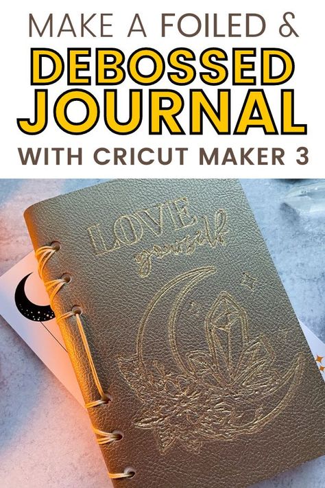 (AD) In this tutorial, you'll learn how to make a leather journal that is debossed, foiled, and cut with your Cricut Maker 3. We will be using quality supplies such as textured leather, heavy chipboard, and different Cricut Maker blades & tools. #CricutMade #CricutCreated Cricut Chipboard, Chipboard Projects, Embossed Leather Journal, Cricut Maker 3, Cricut Supplies, Leather Book Covers, Leather Notebook Cover, Leather Journal Cover, Leather Craft Projects