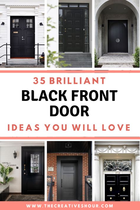 35 Stunning Black Front Door Ideas to Elevate Your Home's Curb Appeal Door Handle For Black Front Door, Black Front Door Beige House, Dark Exterior Door, Back Door Design Ideas, Black Exterior Door With Black Hardware, Grey House Black Front Door, Black Front Door With Black Hardware, Black Front Door Decor Ideas, Houses With Black Doors Exterior Colors