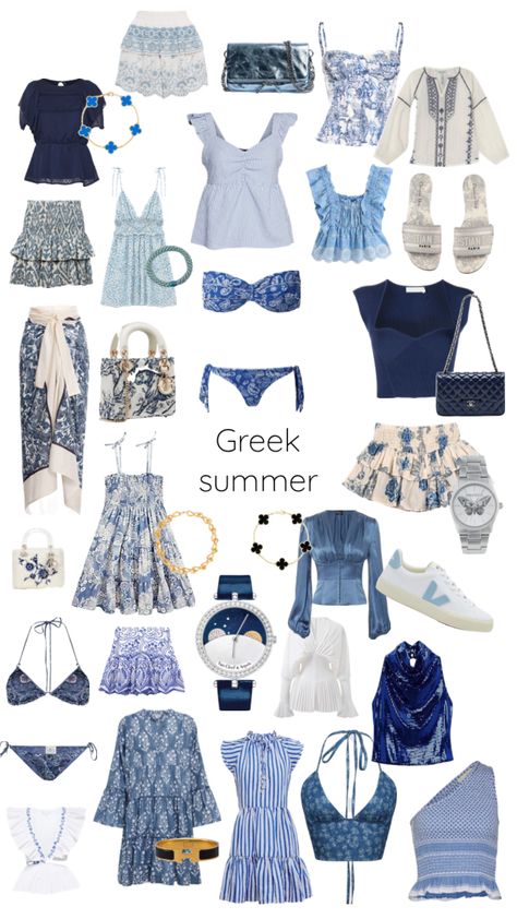 Greek summer pieces #greece #greekaesthetic #greeksummer #summer #summerbasics #stockholmstyle #aesthetic #greeceaesthetic #love #blue #white #gold #pretty #stockholm #greek #fashion #cute #greece Greece Summer Outfits, Greek Outfit, Abba Outfits, Greece Outfit, Greek Summer, Summer Pieces, Summer Holiday Outfits, European Summer Outfits, Outfit Inspo Summer