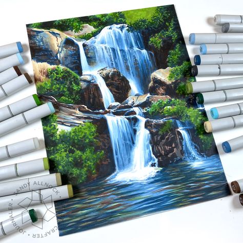 Cool Waterfall (Copic Marker Drawing) - Sandy Allnock Marker Landscape, Landscape Markers, Waterfall Drawing, Marker Kunst, Copic Marker Drawings, Art Markers Drawing, Markers Drawing Ideas, Copic Drawings, Sandy Allnock