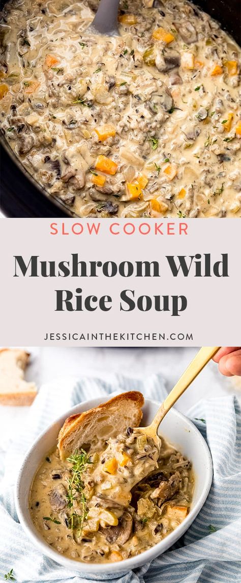 Mushroom Soup Crockpot, Wild Rice Soup Crockpot, March Meals, Mushroom Wild Rice Soup, Mushroom Wild Rice, Slow Cooker Pumpkin Soup, Wild Rice Soup Recipes, Vegetarian Slow Cooker Recipes, Vegetarian Soups