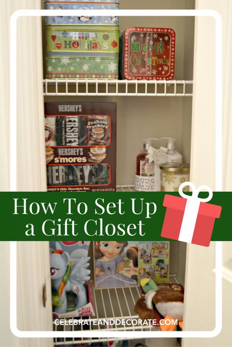 A how-to guide to set up a gift closet in your home! Gift Closet Ideas, Holiday Closet Organization, Gift Closet Organization, Gift Wrapping Closet, Tidy Tips, Gift Closet, Organizational Hacks, Christmas Organization, Organization Gifts