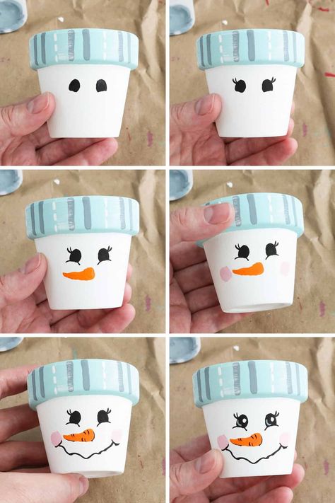 DIY painted snowman pot Nutcracker Terra Cotta Pots, Terracotta Pot Gingerbread House, Terra Cotta Pot Christmas Crafts, Terracotta Pot Christmas Crafts, Christmas Painted Clay Pots, Christmas Flower Pot Ideas, Christmas Pot Painting Ideas, Flower Pot Christmas Ideas, Christmas Clay Pots Ideas