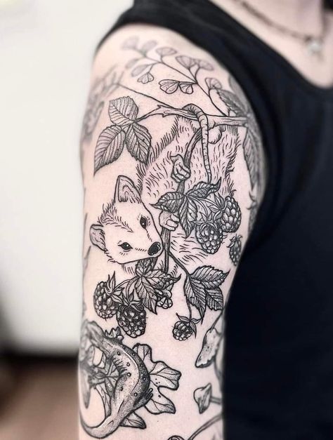 Arctic Tattoo Sleeve, Forest Animal Sleeve Tattoo, Critter Tattoo Sleeve, Black And Grey Patchwork Tattoo, Woodland Creatures Tattoo Sleeve, Whimsical Shoulder Tattoo, Cottagecore Sleeve Tattoo, Woodlands Tattoo, Cottagecore Tattoo Sleeve