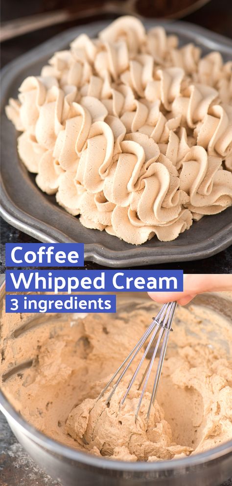 3 ingredient coffee whipped cream - there are so many uses for this - cakes, cupcakes, fruit! Now you can have your coffee and eat it too! Coffee Whipped Cream Recipe, Coffee Whipped Cream, Peanut Butter Whipped Cream, Homemade Whipped Cream Recipe, Flavored Whipped Cream, Whipped Cream Recipe, Pie Brownies, Stabilized Whipped Cream, Recipes With Whipping Cream