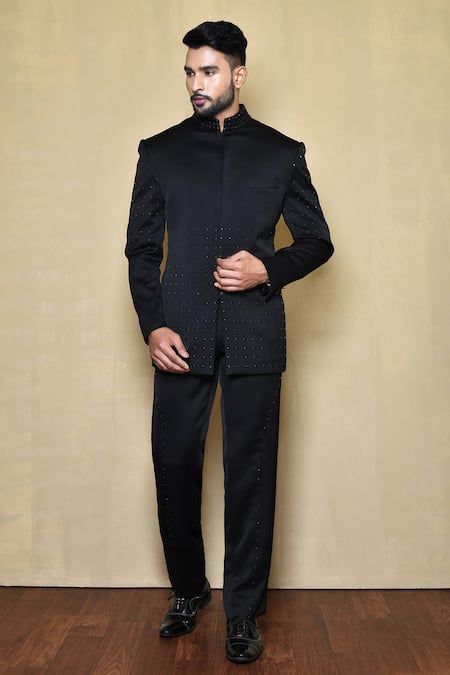 Bandhgala For Men, Cocktail Reception, Italian Fabric, Mandarin Collar, Aza Fashion, Welt Pocket, Black Cotton, Fabric Color, Embellishments