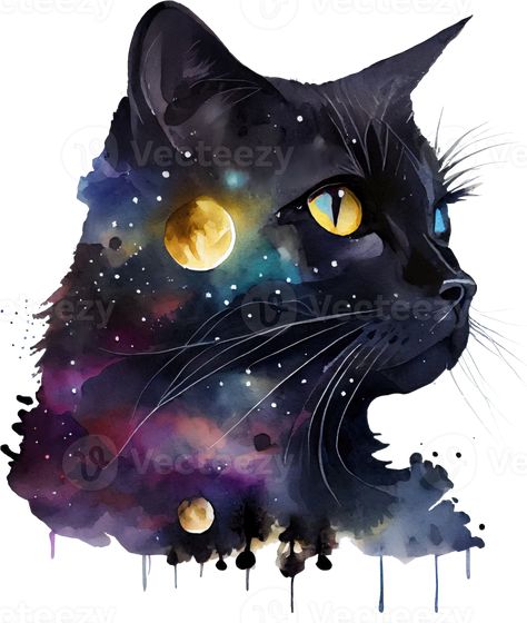 Celestial Black Cat Watercolor Tattoos For Women Cat, Watercolor Black Cat, Black Cat Watercolor, Simple Cat Tattoo, Line Art Simple, Cat Tattoo Ideas, Cat Watercolor, Cat Tattoo Designs, Cat Clipart