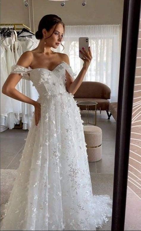 [Ad] Off Shoulder Sweetheart Neckline Sleeveless Wedding Dress , 3D Flowers Lace ,Beach Sommer Gown For Garden Party Sizes: Please Look At The Size Chart And Select The Size You Need. Or You Can Also Send Me Your Measurements, And I Will Help You Choose Right Size. For The Accuracy Of The Measurements, We Recommend That They Be Made By A Professional Tailor. If You Have Any Questions, Please Contact Us. Custom Dress: If You Wish The Dress Made #laceoffshoulderweddingdress Lace Top Tool Bottom Wedding Dress, 2023 Wedding Dresses Off The Shoulder, Wedding Dress With Leaves Lace, Elegant Floral Wedding Dress, Flowery White Wedding Dress, Floaty A Line Wedding Dress, Wedding Dresses Hot Weather, Ribbed Wedding Dress, Tulle Wedding Dress Off The Shoulder