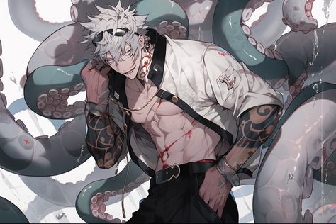 Tentacle Oc Male, Anime Character With Tentacles, Drawing Tentacles, Male Octopus Character, Oc With Tentacles, Fantasy Tentacle Creature, Boy Costumes, Anime Drawings Boy, Boy Art