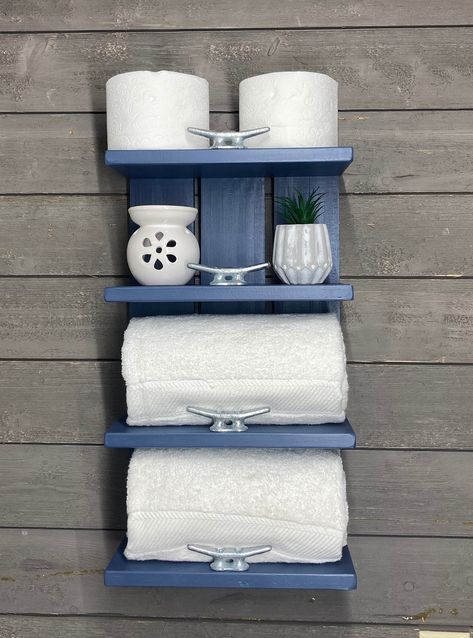 4 Tier Wood Above Toilet Shelves Nautical Decor Open Shelvingwood Hotel Style Towel Rackcoastal Bathroom Shelves With Boat Cleats - Etsy Above Toilet Shelves, Boat Cleat Towel Rack, Boat Shelf, Above Toilet, Shelves Above Toilet, Weathered Grey Stain, Bath Towel Racks, Toilet Shelves, Boat Cleats