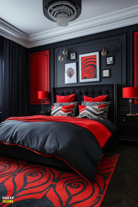 Art Deco red and black modern bedroom with geometric wall art and chandelier Modern Black Bedroom Design, Red And Black Bedroom, Red Black Bedrooms, Black Modern Bedroom, Modern Black Bedroom, Red Room Decor, Black Bedroom Ideas, Fall Bedroom Ideas, Red Bedroom Decor