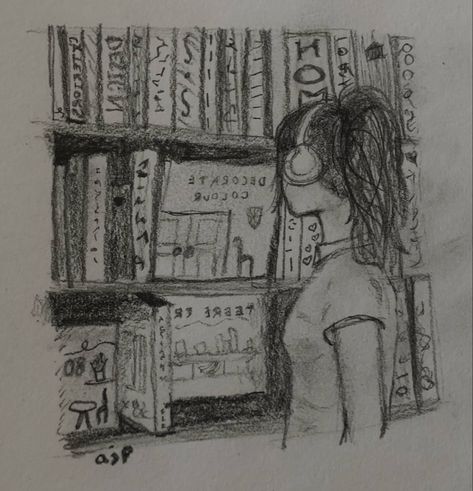 Bookworm Drawing Art, Book Doodles Easy, Listening To Music Drawing, Reading Sketch, Sketch Book Ideas Aesthetic, Pencil Drawings For Beginners, Music Drawings, Writing Drawing, Easy Drawings Sketches