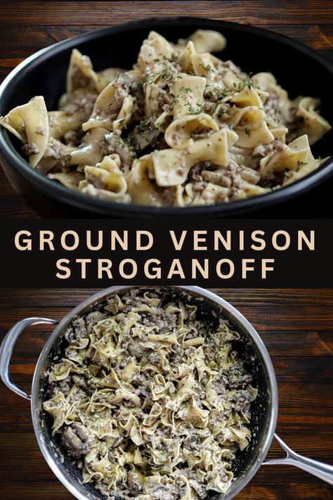 This creamy homemade stroganoff sauce blended with ground deer meat (venison) and tender egg noodles is a warm and comforting meal! Venison Beef Stroganoff, Deer Ground Meat Recipes Simple, Venison Mushroom Recipe, Recipes Using Ground Deer Meat, Venison Ground Sausage Recipe, Ground Deer Recipes Dinners, Deer Stroganoff Recipe, Recipes With Deer Burger, Dinner Ideas With Deer Meat