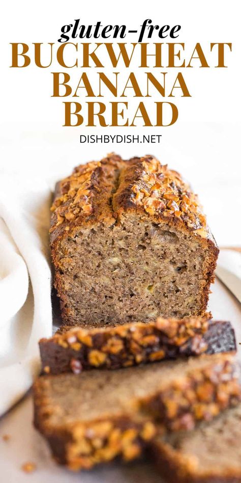 Moist, tender buckwheat banana bread that is studded with walnuts for a delicious crunchy contrast. Super easy to make, and is ready from scratch in under an hour! This banana bread is perfect for breakfast or an easy anytime snack. Totally gluten-free and dairy-free too. Go bake a loaf today! | buckwheat flour recipes | gluten free banana bread recipes Buckwheat Banana Bread, Buckwheat Flour Recipes, Buckwheat Gluten Free, Gluten Free Banana Bread Recipe, Buckwheat Bread, Buckwheat Recipes, Flours Banana Bread, Recipes Gluten Free, Cookies Gluten Free