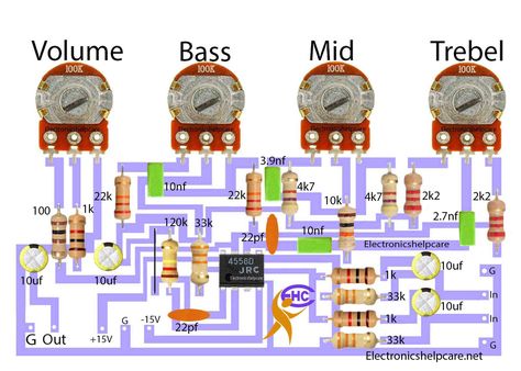 DIY bass tone circuit - Electronics Help Care Bass Treble Circuit Diagram, Best Subwoofer, Diy Amplifier, Electronics Storage, Subwoofer Amplifier, Tone Control, Sound Boxes, Electric Tools, Pinterest Diy