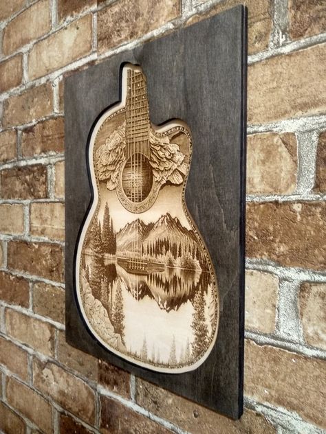 Acoustic Guitar, 3D Illusion Laser Engraving Wall Art, Lakehouse Wall Decor. - Etsy Lakehouse Wall Decor, Laser Cut Wood Jewelry, Diy Laser Engraver, Cool Things To Build, Diy Laser Cut, Guitar Wall Art, Illusion 3d, Laser Cut Wood Crafts, Laser Projects