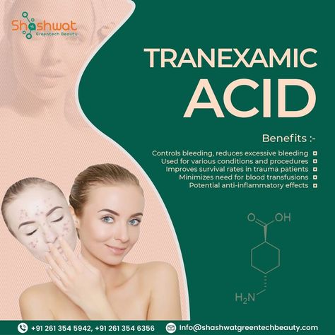 𝙏𝙍𝘼𝙉𝙀𝙓𝘼𝙈𝙄𝘾 𝘼𝘾𝙄𝘿 . 𝘽𝙚𝙣𝙚𝙛𝙞𝙩𝙨:- 👉Controls bleeding, reduces excessive bleeding 👉Used for various conditions and procedures 👉Improves survival rates in trauma patients 👉Minimizes the need for blood transfusions 👉Potential anti-inflammatory effects Get The Best Quality Cosmetic Raw Materials For Products... . Visit here: www.shashwatgreentechbeauty.com 🤙🏻+91 261 354 5942/261 354 6356 #shashwatbeauty #shashwatgreentechbeauty #beautyproducts #chemical #rawmeterial #beautypr Tranexamic Acid, Benefits, Conditioner, Good Things, Quick Saves