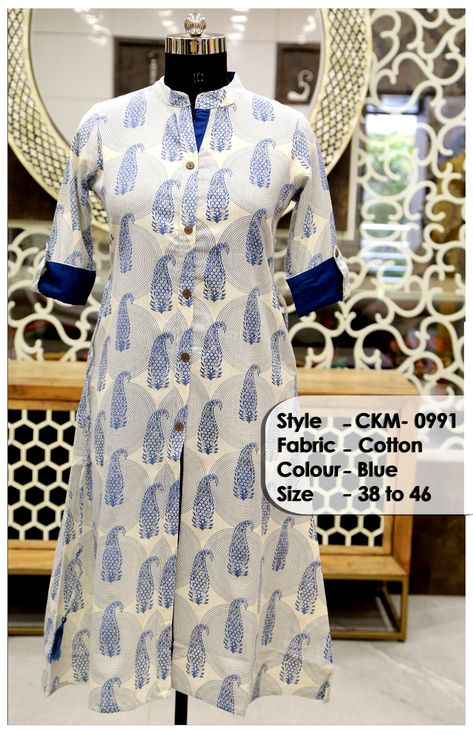 This Kurti has Chinese collar & 3/4th sleeves.  Style : CKM-0991 Fabric : Cotton Colour : Blue Size : 38 to 46 #Order Now  (Call/WhatsApp) us at (+91) 9828-193-234 or (+91) 9828-194-234  Or  Send FB Messages at: https://www.messenger.com/t/CKMFashions #womenkurtis #ladieskurtis #kurtisforwholesale #wholesaler #reseller #frockstylekurti #designerkurtis #cottonkurtis #kurtidesigns #printedkurtis #kurtisfashion #CKMFashions Chinese Collar Kurti, Collar Kurti, A Line Kurti, Churidar Designs, Chinese Collar, Sleeves Style, Dresses Indian, Designer Dresses Indian, Collar Designs