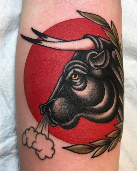 #tattoo by @blackbearwhiskey ... ... ... ... #traditional #traditionaltattoo #traditionalartist #oldtattoo #oldschooltattoo #tattooartist… Neo Traditional Taurus Tattoo, Taurus Tattoo Traditional, Neo Traditional Bull Tattoo, Old School Bull Tattoo, American Traditional Bull Tattoo, Traditional Taurus Tattoo, Traditional Bull Tattoo, Taurus Tattoo Men, Ox Tattoo