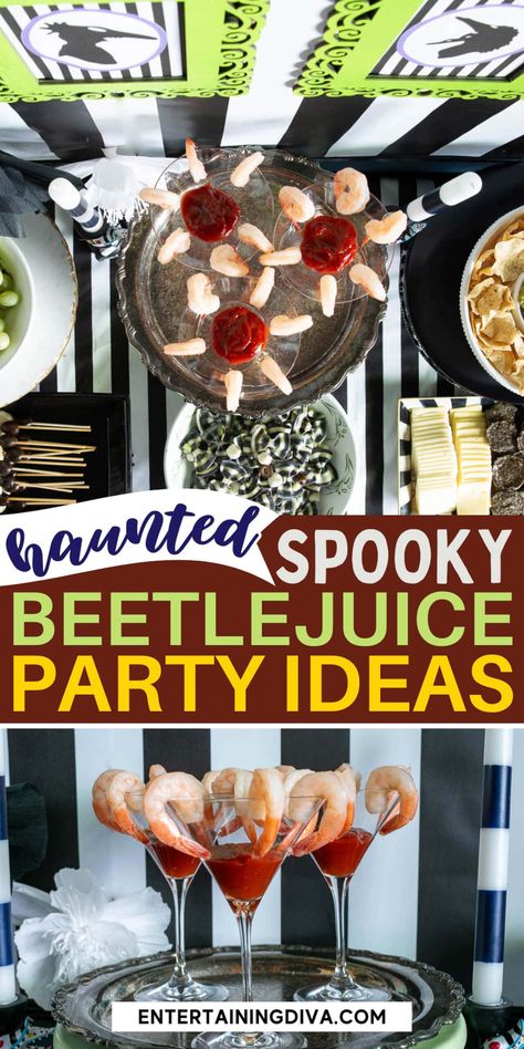 Haunted Spooky Beetlejuice Party Ideas Beetlejuice Recipe, Beetlejuice Themed Food, Beetlejuice Dinner Party, Beetlejuice Party Food, Beetlejuice Party Ideas, Beetlejuice Decor, Beetlejuice Party, Beetlejuice Wedding, Beatle Juice