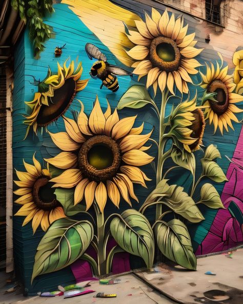 Gate Mural Ideas, Farm Murals Ideas, Sunflower Wall Mural, Murals On Fences, Sunflower Mural Wall Art, Sunflower Murals, Wall Murals Painted Outdoor, Sunflower Mural, Interactive Murals