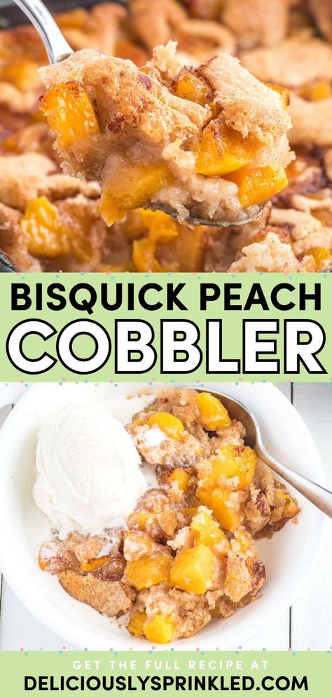 Looking for easy-to-make sweet treats? This canned peach cobbler recipe is a simple dessert you don't want to miss! You'll love every bite of this Bisquick peach cobbler that's wonderfully fruity and decadent! Bisquick Peach Cobbler Canned Peaches, Bisquick Peach Cobbler Recipe, Bisquick Cobbler Recipes, Bisquick Inspired Recipes, Bisquick Peach Cobbler, Can Peaches Recipes, Quick Peach Cobbler, Cobbler With Bisquick, Can Peach Cobbler