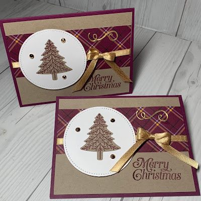 Stampin Up Tree Punch, Perfectly Plaid Stampin Up Cards 2020, Plaid Cards, Stamped Christmas Cards, Create Christmas Cards, Simple Christmas Cards, Holiday Gift Card, Homemade Christmas Cards, Stampin Up Christmas Cards