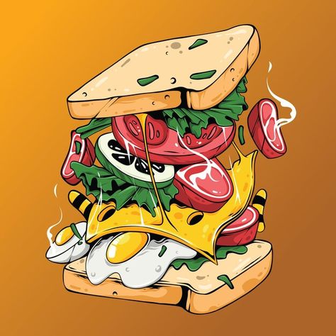 Food Graphics Illustration, Sandwich Art Drawing, Sandwich Illustration Drawing, Sandwich Graphic Design, Food Graphic Design Illustration, Food Art Drawing Illustration, Sandwich Poster Design, Sandwiches Illustration, Food Illustration Art Graphics