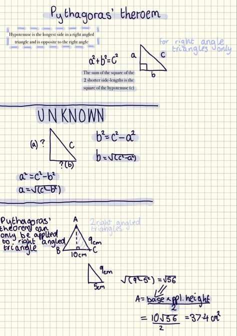 Pythagorean Theorem Notes Aesthetic, Theorem Of Pythagoras, Year 9 Maths Notes, Maths Notes Layout, Pythagoras Theorem Notes, Maths Revision Gcse Higher Notes, Maths Gcse Revision Notes, Pythagorean Theorem Notes, Grade 9 Math Notes