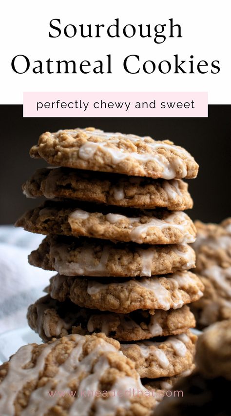 Soft and chewy sourdough oatmeal cookies topped with a sweet glaze. Essen, Sourdough Discard Recipes Easter, Discard Oatmeal Cookies, Oatmeal Sourdough Cookies, Quick Sourdough Discard Dessert, Sourdough Easter Desserts, Sourdough Discard Deserts, Sourdough Discard Treats, Sourdough Discard Oatmeal Cookies