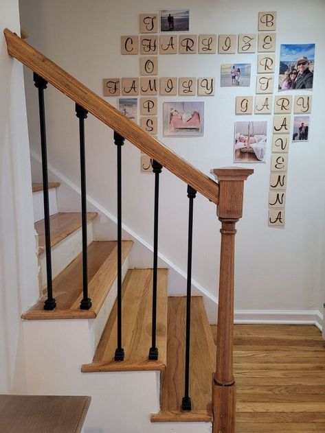 Partial Stair Banister, Banister Replacement Ideas, Banister Update Diy, How To Upgrade Stair Railings, Update Banister Railings Diy, How To Replace A Bannister, Wooden Banister Makeover, Replacing Stair Banisters, Replace Banister Spindles