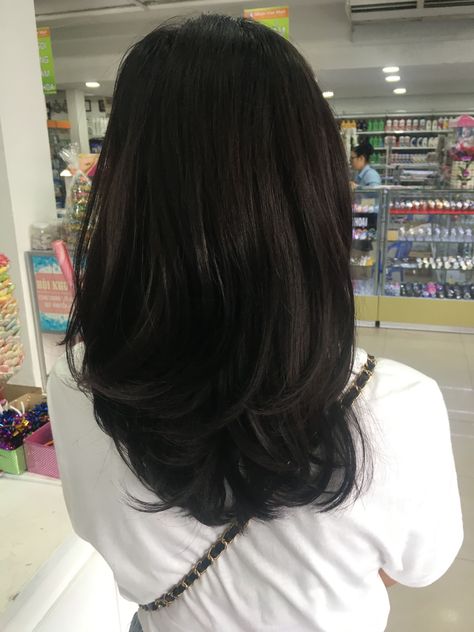 layered black hair Layers Dark Hair Medium, Medium Layered Haircuts Black Hair, Straight Medium Length Layered Hair, Black Hair Haircuts Medium, Black Hair With Volume, Medium Hair Styles Black Hair, Haircut Black Hair Medium, Dark Medium Layered Hair, Medium Length Haircut With Layers Black