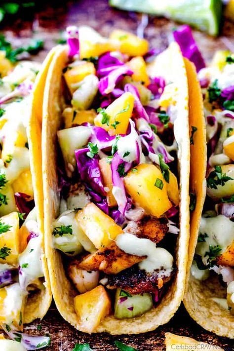 Tilapia Fish Tacos, Cucumber Slaw, Fish Tacos Tilapia, Tilapia Tacos, Pineapple Cucumber, Blackened Fish Tacos, Blackened Fish, Blacken Fish, Fish Marinade