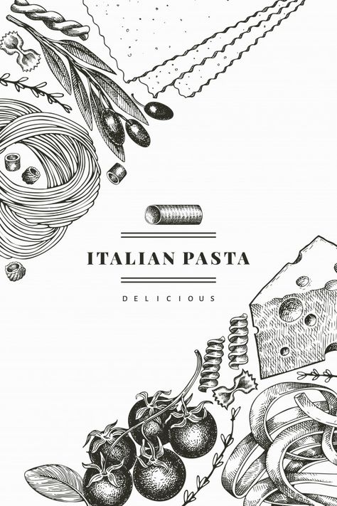 Food Vintage Illustration, Vintage Illustration Style, Hand Drawn Food Illustration, Pasta Menu Design Ideas, Pasta Drawing Illustration, Italian Food Menu Design, Vintage Food Illustration, Pasta Menu Design, Pasta Graphic Design