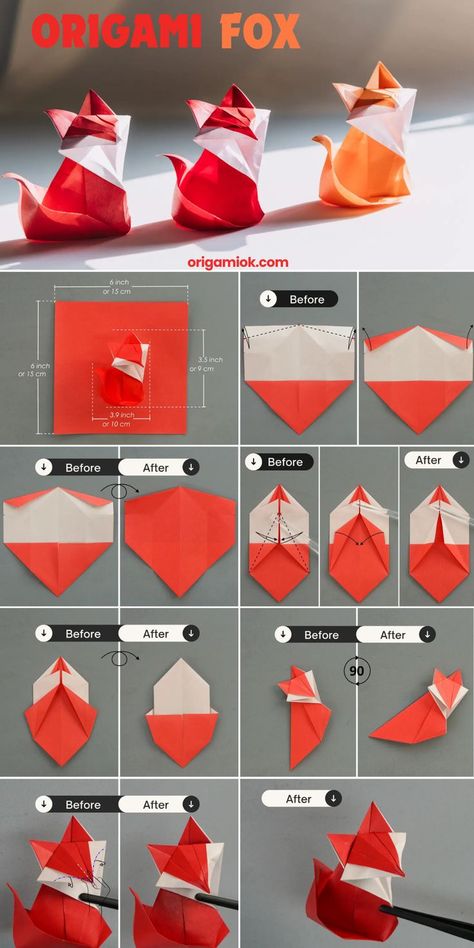 Origami Fox Easy Step By Step, Simple Fun Crafts For Adults, Origami Fox Tutorial, Fox Tails, How To Fold Origami, Unique Origami, Square Origami, Oragami Fox, Beginner Origami