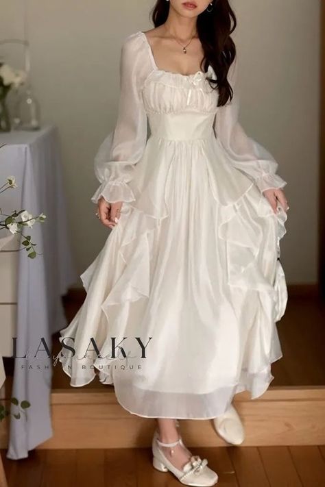 Lasaky - Elegant White High-Waisted Maxi Dress with Long Sleeves and Subtle Misty Finish Long Flowy Dress With Sleeves, Grad Dresses Long Sleeve, Prom Dresses Long With Sleeves Elegant, Long Sleeve Dress Aesthetic, Prom Outfits Ideas, Elegant Birthday Outfit Classy, White Outfits Aesthetic, White Fantasy Dress, White Dress Outfit Classy