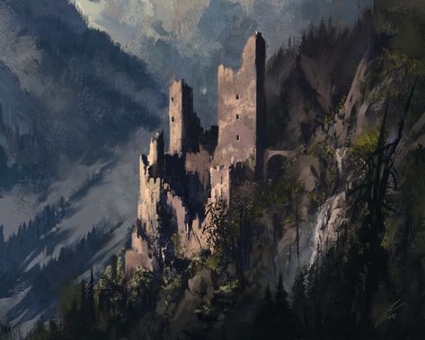 Mountain Ruins Fantasy Art, Mountain Castle Concept Art, Castle In A Mountain, Kingdom In The Mountains, Fantasy Castle Ruins, Castle In Mountains, Castle On A Mountain, Crumbling Castle, Mysterious Castle