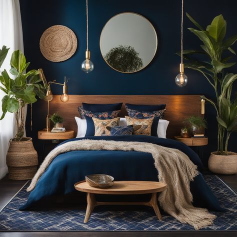 Mahogany And Blue Bedroom, One Blue Wall Bedroom, Navy Blue Interior Design Bedroom, Dark Bedroom Light Furniture, Midnight Blue Bedroom Ideas Accent Wall, Navy Olive Bedroom, Navy Blue And Forest Green Bedroom, Blue Dark Bedroom, Light Oak Furniture Bedroom