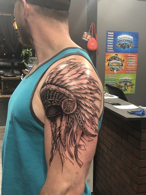 Headdress tattoo Feather Headdress Tattoo, Indian Headdress Tattoo Men, Native Head Dress Tattoo, Skull Indian Headdress Tattoo Leg, Indian Headdress Tattoo Thigh, Indian Headdress Tattoo, Native American Skull Tattoo Headdress, Indian Skull Tattoos, Headdress Tattoo